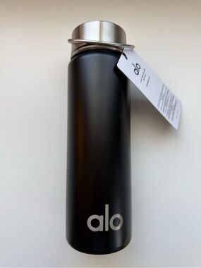 ALO Yoga Matte Black Water Bottle with Silver Lid